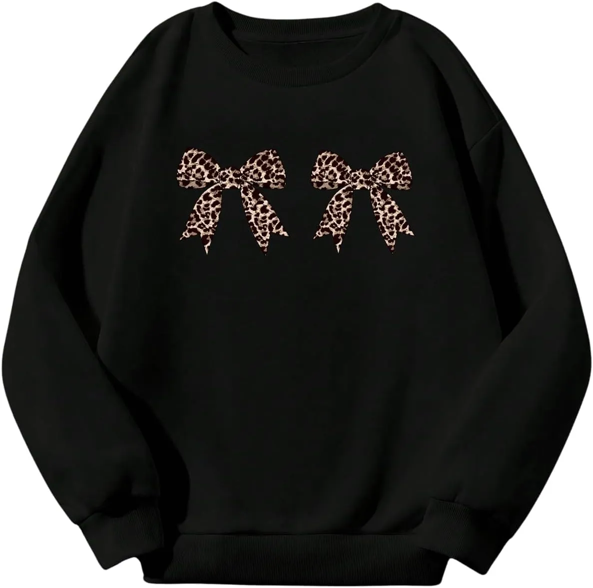 Women's Y2K Leopard Bow Graphic Crew Neck Sweatshirts Drop Shoulder Long Sleeve Pullover Top