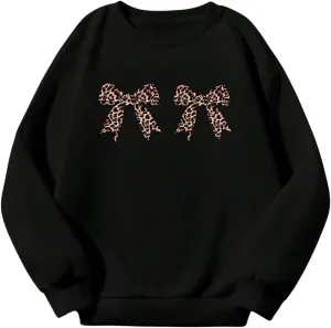 Women's Y2K Leopard Bow Graphic Crew Neck Sweatshirts Drop Shoulder Long Sleeve Pullover Top