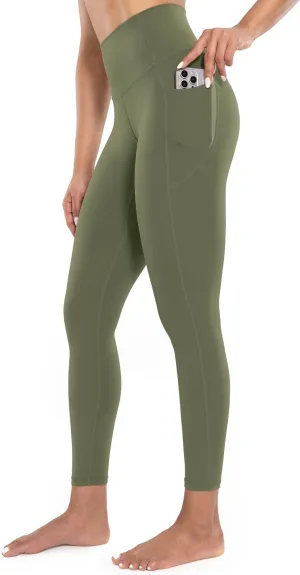 Workout Leggings with Pockets for Women High Waist Yoga Pants 7/8 Cream Soft Lightweight Athletic Gym Tights 25"