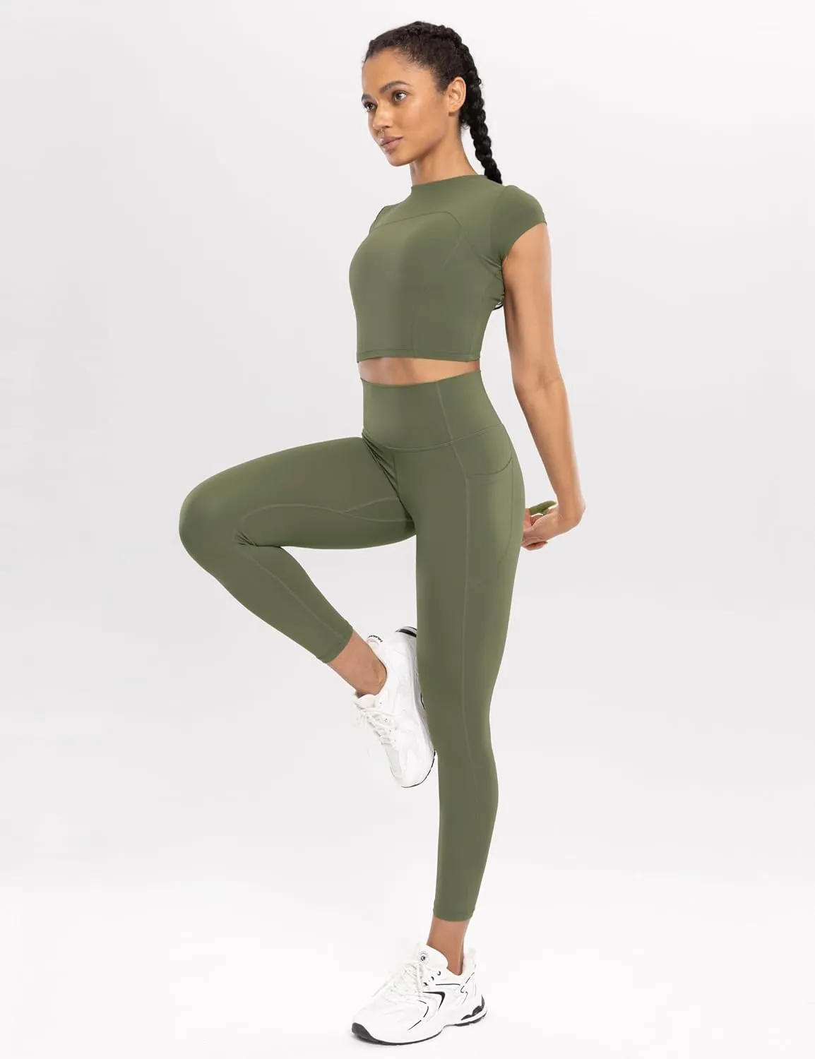Workout Leggings with Pockets for Women High Waist Yoga Pants 7/8 Cream Soft Lightweight Athletic Gym Tights 25"