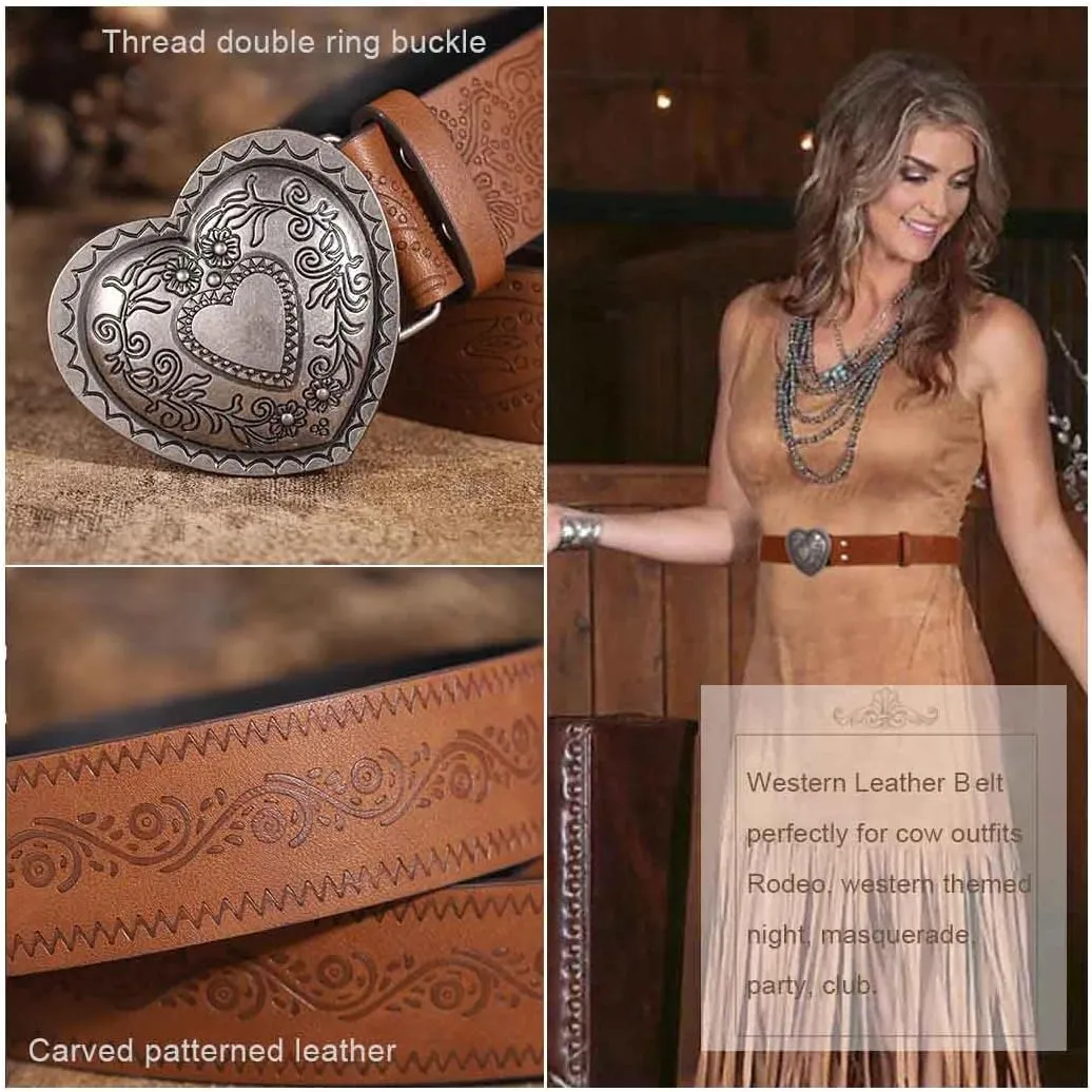 Yalice Heart Western Leather Belt for Women Men Star Buckle Waist Belt for Jeans Pants Ladies Cowgirls Cowboys Belt