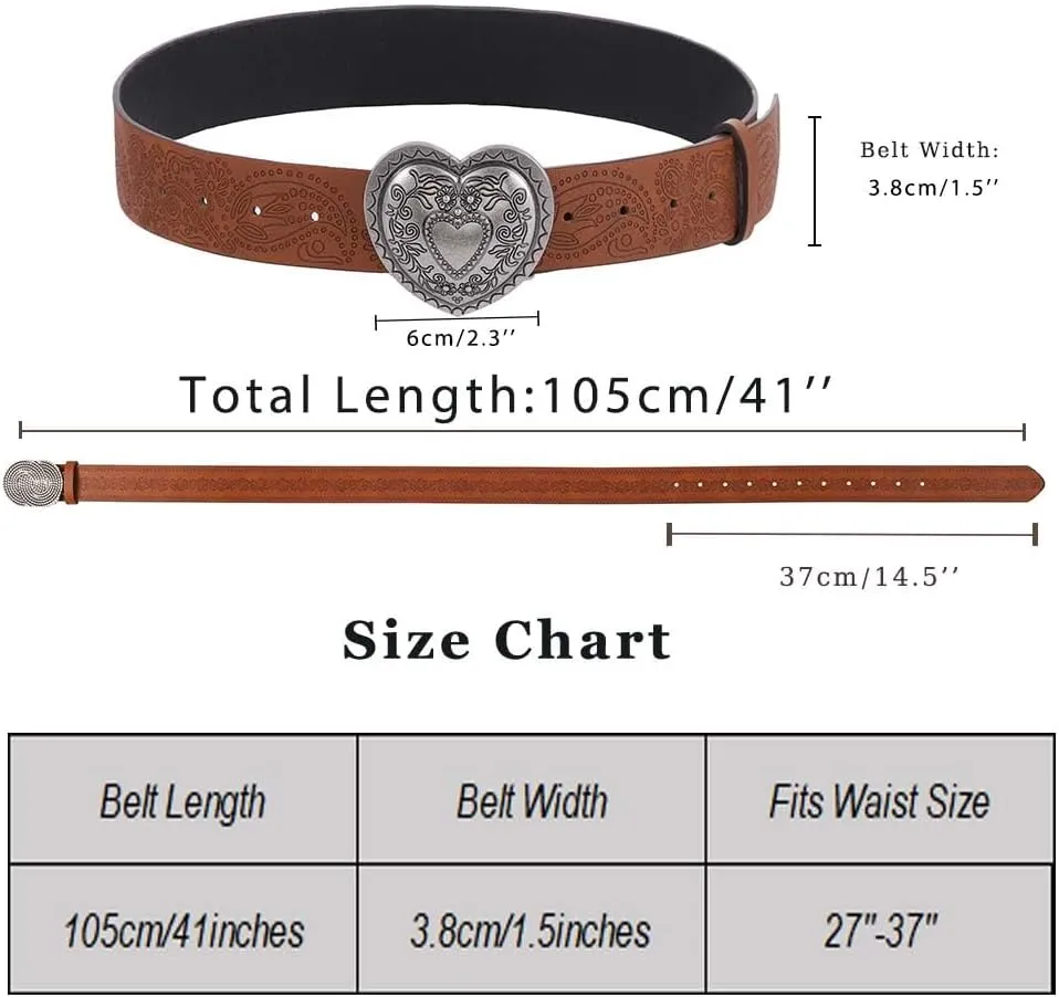 Yalice Heart Western Leather Belt for Women Men Star Buckle Waist Belt for Jeans Pants Ladies Cowgirls Cowboys Belt